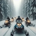 Snow mobile races through snow covered landscape