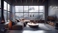 Snow mountain behind panoramic windows in chalet. Interior design of modern living room. Created with generative AI Royalty Free Stock Photo