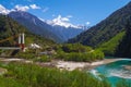 Snow mountain , clear green river landscape of valley Royalty Free Stock Photo