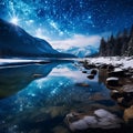 Snow mountain scenery night starry sky