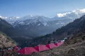 Snow mountain landscape with red color roof and village Royalty Free Stock Photo