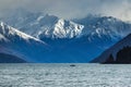 Snow mountain scene and motor boat over lake wanaka beautiful de Royalty Free Stock Photo