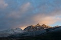Snow mountain in sunrise sunshine Royalty Free Stock Photo