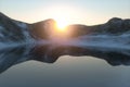 Snow mountains and lake, natural background, 3d rendering