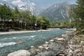 Snow Mountains river trees winter landscape at Kamikochi Nagano Japan