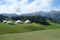 Snow mountains with yurts Royalty Free Stock Photo