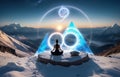 snow mountaintop Yoga Meditating Sunrise, girl practicing meditation in light cycle,