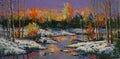 Snow in October. Evening. Oil painting on canvas. Handmade. Royalty Free Stock Photo