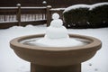 Snow on an old stone bird bath Royalty Free Stock Photo