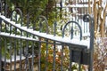 Snow on an ornate iron gate with steps and fence in the background Royalty Free Stock Photo