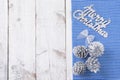 Snow painted pine cones on rustic white wood table Royalty Free Stock Photo