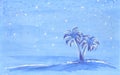 Snow on palms, hand painted blue watercolor