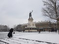 Snow in Paris, view of the place de la Republique in the winter, Paris, France