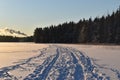 Snow path in taiga forest in wintertime