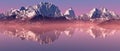 Snow peaks mountain landscape with misty lake at sunrise. Royalty Free Stock Photo