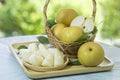 Snow pear or Shingo pear over green natural Blur background. Royalty Free Stock Photo