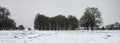 2 snow people in a field with sticks that look like they are holding hands. A winter scene