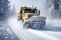 A snow plow drives down a snow-covered road, effortlessly clearing the way during a winter storm, Snow plow truck clearing road Royalty Free Stock Photo