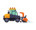 Snow Plow Tractor, Winter Snow Removal Machine, Cleaning Road Snowblower Vehicle Vector Illustration