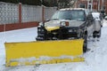 Snow plow truck in Brooklyn, NY ready to clean streets after massive Winter Storm Helen strikes Northeast Royalty Free Stock Photo