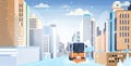 Snow plow truck cleaning city road afrer snowfall winter snow removal concept modern cityscape background horizontal