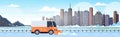 Snow plow truck cleaning highway road afrer snowfall winter snow removal concept cityscape background horizontal