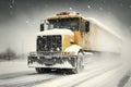 Snow plow truck cleaning snowy road in snowstorm. Snowfall on the driveway. Neural network generated art