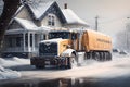 Snow plow truck cleaning snowy road in snowstorm. Snowfall on the driveway. Neural network generated art