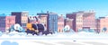 Snow plow truck cleaning urban residential area streets winter snow removal concept modern city buildings cityscape