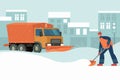 Snow plow truck cleaning urban snowy road in winter. Man cleaning city street with shovel. Snow removal concept