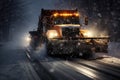 Snow plow truck clearing road after winter snowstorm Royalty Free Stock Photo