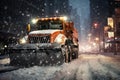 Snow plow truck clearing road after winter snowstorm Royalty Free Stock Photo