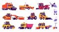 Snow plow truck vector illustration, cartoon snowplow truck cleaning road by snowfall, winter vehicle equipment isolated