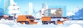 Snow plow trucks cleaning road urban downtown street with skyscrapers business buildings winter snow removal concept Royalty Free Stock Photo