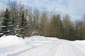 Snow plowed road through wooded area. Royalty Free Stock Photo