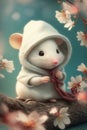 Snow plum blossoms mouse super cute wearing white sweater generative AI