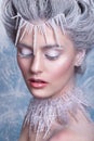 Snow Queen.Fantasy girl portrait. Winter fairy portrait.Young woman with creative silver artistic make-up. Winter Portrait. Royalty Free Stock Photo
