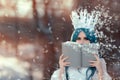 Snow Queen Reading Spell Book in Winter Fantasy Royalty Free Stock Photo