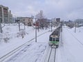 Snow railtrack and train in Otoru city Hokkaido Japan mid Winter Royalty Free Stock Photo