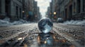 Snow or rain paints the streets of our blue marble, a fragile sphere cradled by the vastness of space