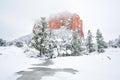 Snow on the red rocks at Courthouse Butte in Sedona, Arizona. Royalty Free Stock Photo