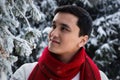 Snow and red scarf asian man outdoor portrait Royalty Free Stock Photo
