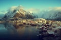 Snow in Reine Village, Lofoten Islands, Norway