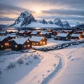 snow in Reine Village, Lofoten Islands, Norway made with Generative AI