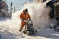 Snow removal by city services, worker with snowblower. Generative AI