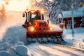 Snow removal equipment works to clear winter road for commuters