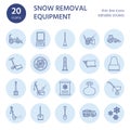 Snow removal flat line icons. Ice relocation service signs. Cold weather equipment - snow thrower, blower, truck, front Royalty Free Stock Photo