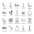 Snow removal flat line icons. Ice relocation service signs. Cold weather equipment - snow thrower, blower, truck, front