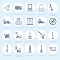 Snow removal flat line icons. Ice relocation service signs. Cold weather equipment - snow thrower, blower, truck, front Royalty Free Stock Photo
