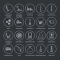 Snow removal flat line icons. Ice relocation service signs. Cold weather equipment - snow thrower, blower, truck, front Royalty Free Stock Photo